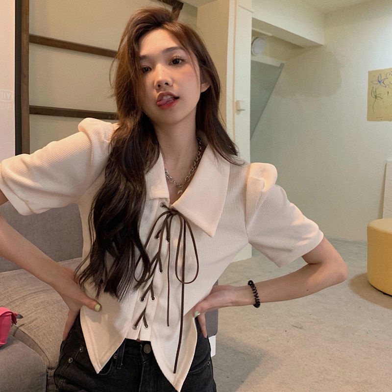 Áo Thun Tay Ngắn Cổ Polo Phối Dây Cột Thời Trang Mùa Hè Xinh Xắn Cho Nữ