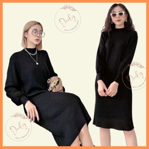 Váy Len Dài Tay Nữ Dáng Suông Tay Bồng Chất Len Gân Mềm Mịn Dày Dặn