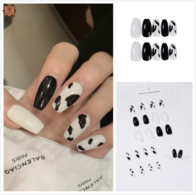 aaoottuuoo5.vn Set 24 móng tay giả hoa văn bò sữa trắng và đen