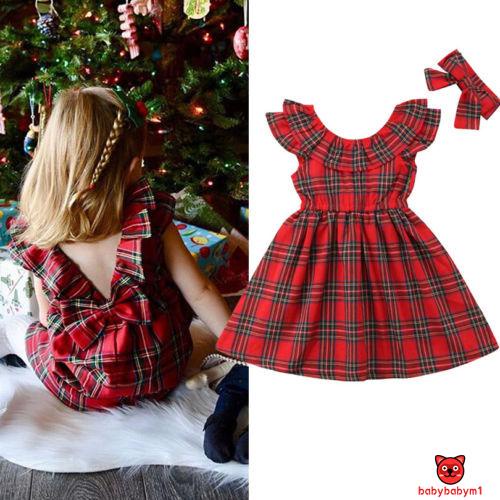 Đầm cổ tròn tay phồng họa tiết sọc caro đỏ dễ thương và băng đô cho bé gái