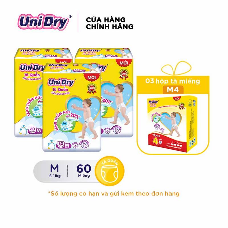 Combo 3 Tã Quần UniDry siêu khô thoáng gói Jumbo M60/L54/XL48/XXL44