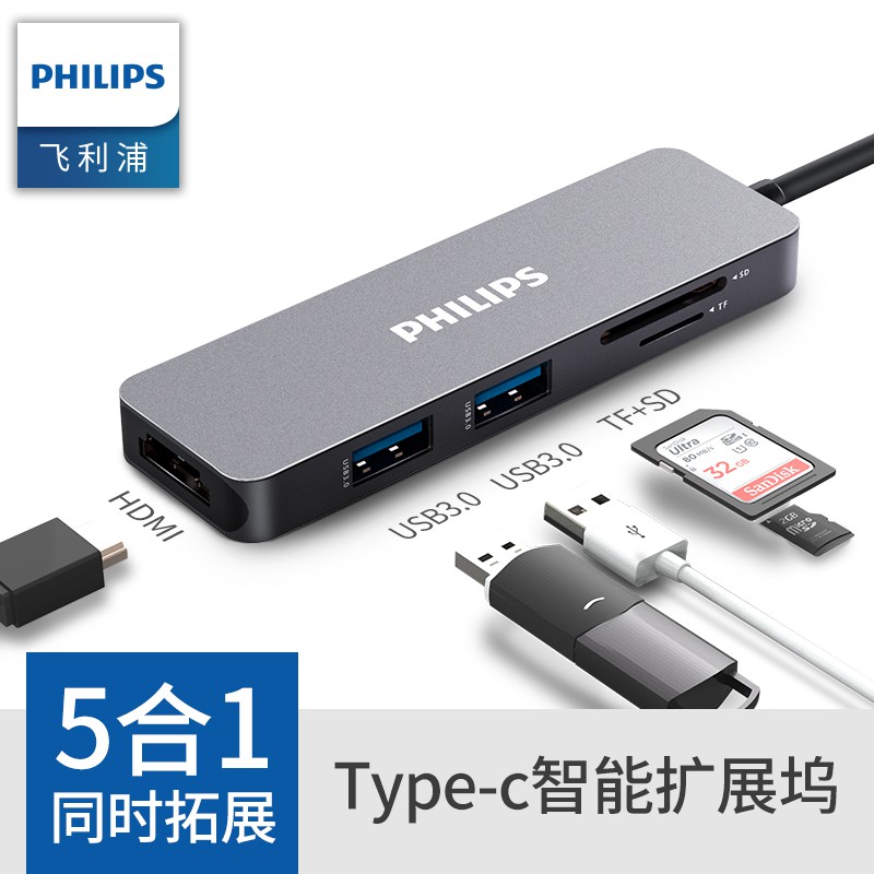 Cáp chuyển Type C sang HDMI 4K + 2USB 3.0 + khe thẻ nhớ Micro SD -TF + SD Philips DLK 5516C/94