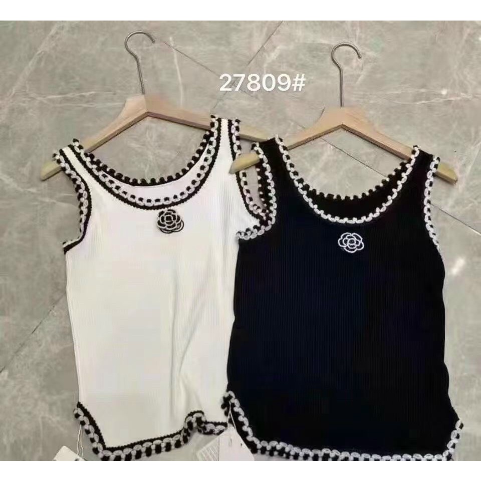Áo len nữ sát nách hoa trà viền đen zic zac hàng Quảng Châu L1