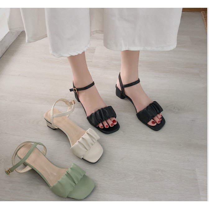 Giày Sandal Quai Nhún Nữ MINAFS Quai Ngang Xếp Bèo Quai Mềm Xăng Đan Cao Gót Vuông 4cm Mềm Đi Học Đi Làm Đi Chơi