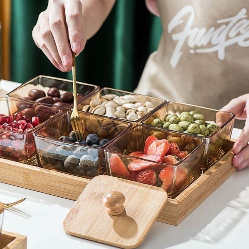 Khay mứt Tết 6 hũ thủy tinh màu hổ phách , đồ đựng ô mai, kẹo bánh: 13.68