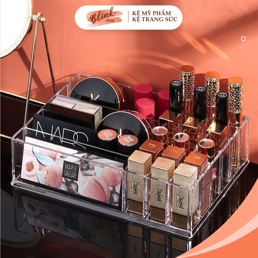 Kệ mỹ phẩm đa năng ( với 16 ô để son, cọ trang điểm ) và 4 ô để phấn, Chất liệu mica trong suốt