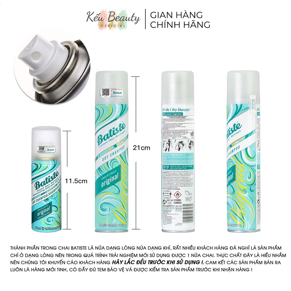 Dầu gội khô Batiste Dry Shampoo cho tóc bồng bềnh tức thì giảm bết dính 200ml