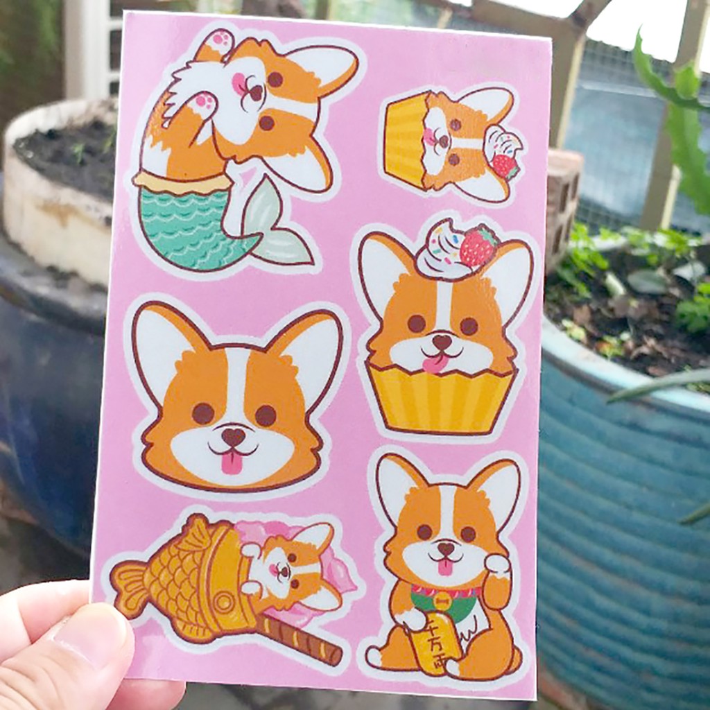 Bộ 8 sticker Chó Corgi Hồng siêu dễ thương. Miếng dán được cắt sẳn có màng bảo vệ chống nước chống trầy.