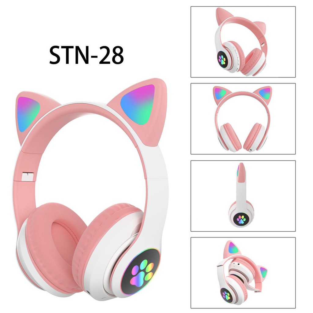 Tai nghe bluetooth 💖FREESHIP💖,Tai nghe mèo STN-28 hồng nữ tính. Led RGB,có Mic đàm thoại