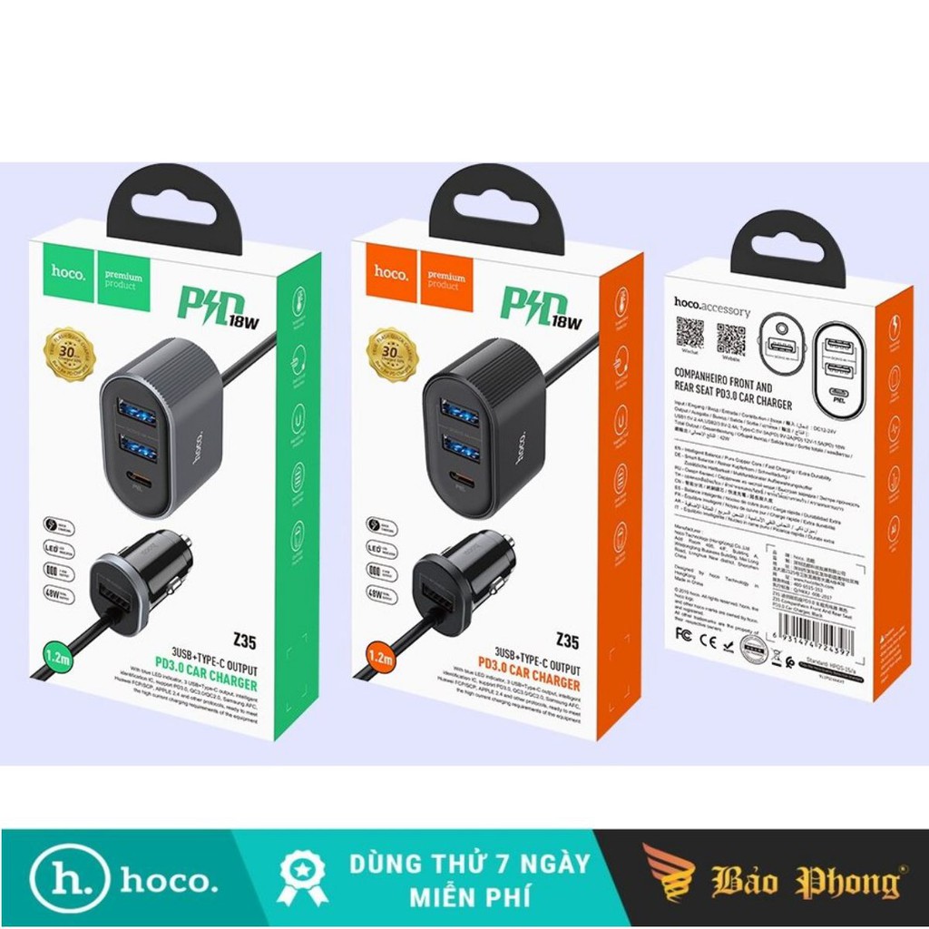 Sạc Điện Thoại Trên Xe Hơi + đầu sạc phụ Hoco Z35 PD &amp; QC 3.0 Dành cho điện thoại iP Huawei Samsung Oppo