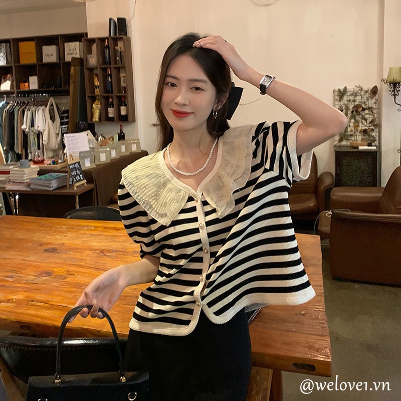 Áo Thun Ngắn Tay Cổ Búp Bê Phối Lưới Kẻ Sọc Phong Cách Hàn Quốc Cổ Điển Thời Trang Cho Nữ