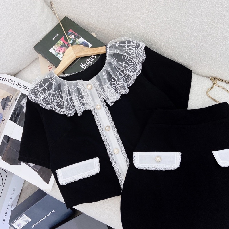 SET ÁO ĐEN CỔ VOAN REN HOA TRẮNG + CHÂN VÁY