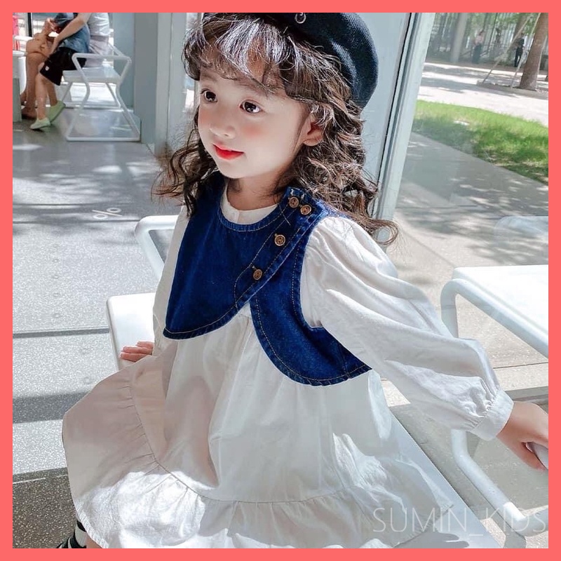 Váy dài tay bé gái kèm áo jean - Quần áo trẻ em Sumin Kids - Màu trắng đuôi cá tay bồng