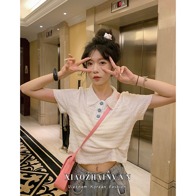 Áo sơ mi croptop Xiaozhainv đính nút phong cách Hàn Quốc thời trang xinh xắn cho nữ