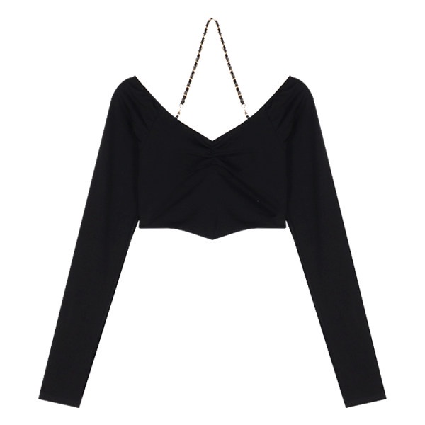 QKOOLE Áo croptop trễ vai  tay dài phối dây xích phong cách Hàn Quốc quyến rũ cho nữ