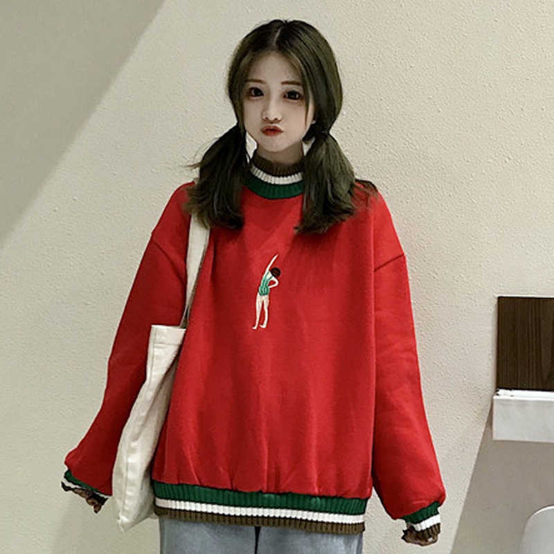 Áo sweater tay dài dáng rộng thêu họa tiết thời trang cho nữ