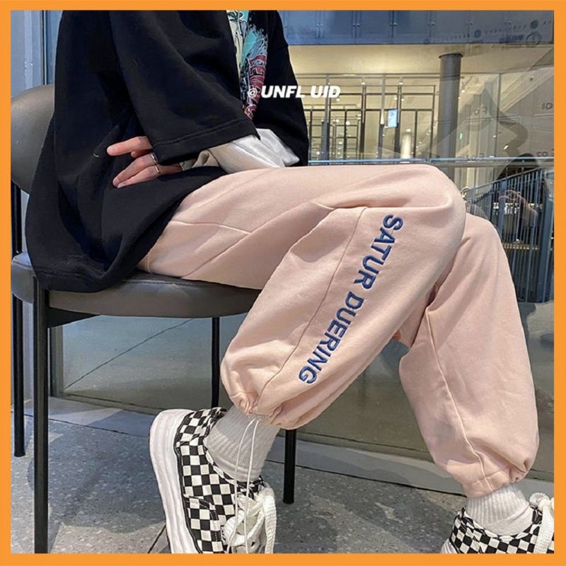 Quần jogger Nam Nữ Unisex Thêu Chữ Ulzzang Dây Rút Điều Chỉnh Ở Gấu Quần Ống Rộng Phong Cách Đường Phố Chất Liệu Cao Cấp