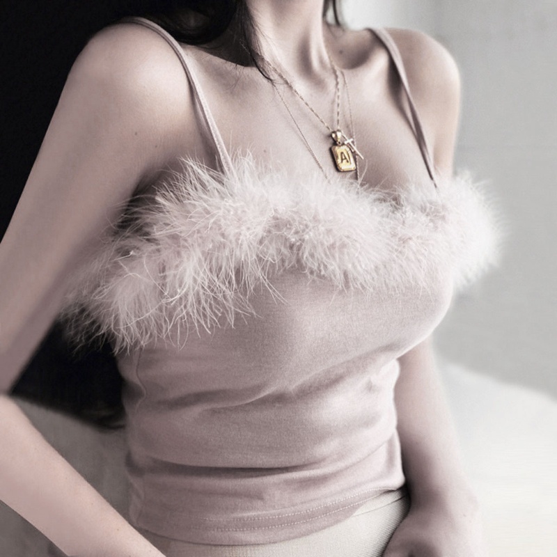 Áo Croptop Hai Dây Hở Lưng Chất Liệu Lông Vũ Màu Sắc Trơn Quyến Rũ Cho Nữ