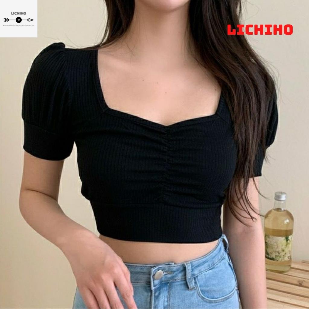 Áo croptop nữ tay phồng cổ vuông CT02 LICHIHO nhún ngược chất vải tốt mịn màn chất lượng quyến rủ