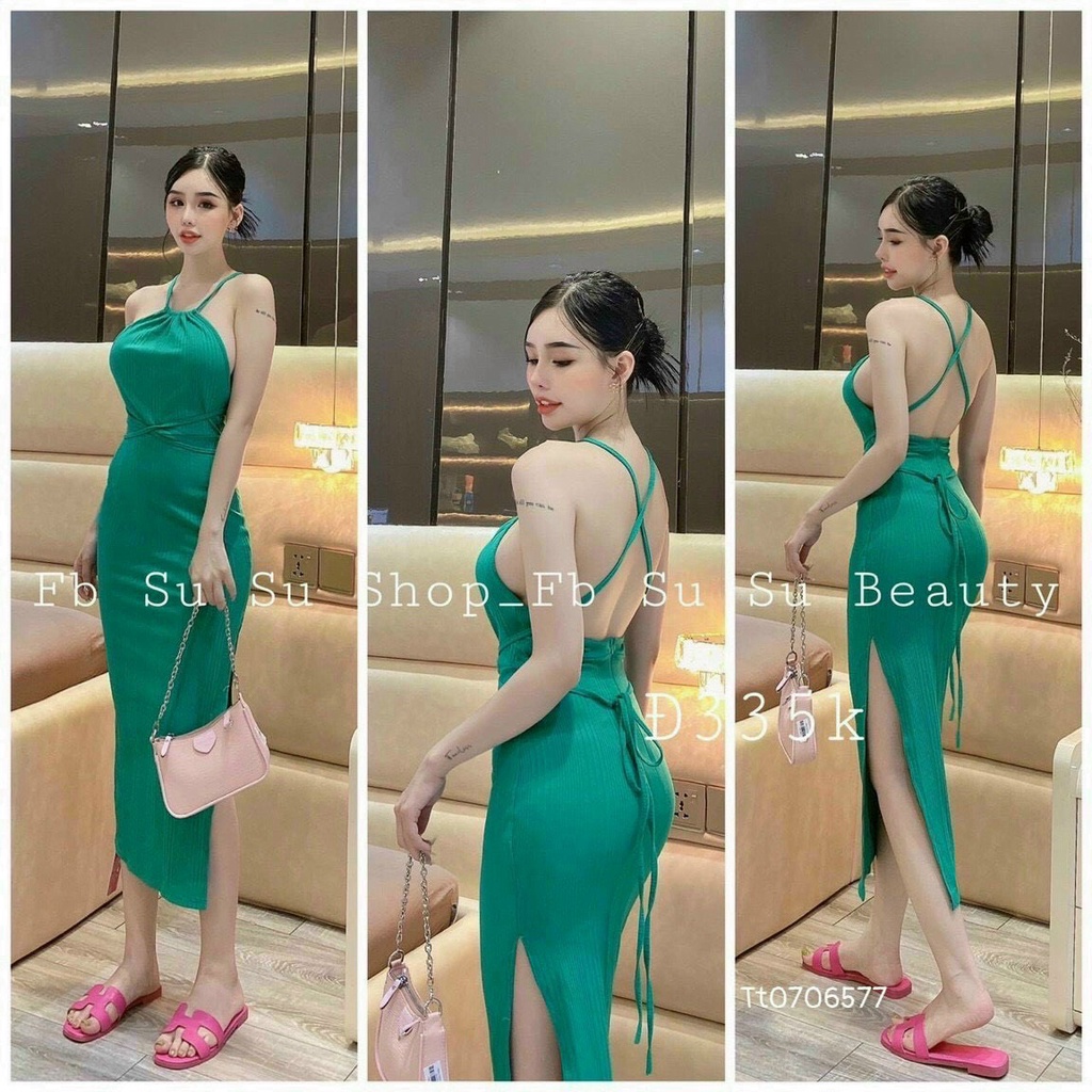 Đầm Body Thun Gân Cổ Yếm Dây Chéo Sau Lưng Sẻ Tà Mặc Cực Kì Sexy Có 4 Màu