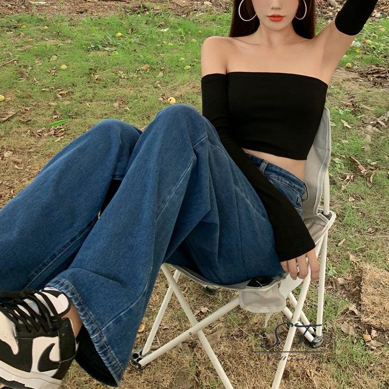 Áo croptop chui đầu tay dài cổ thuyền màu trơn màu trắng/xanh lá/tím thời trang mùa hè