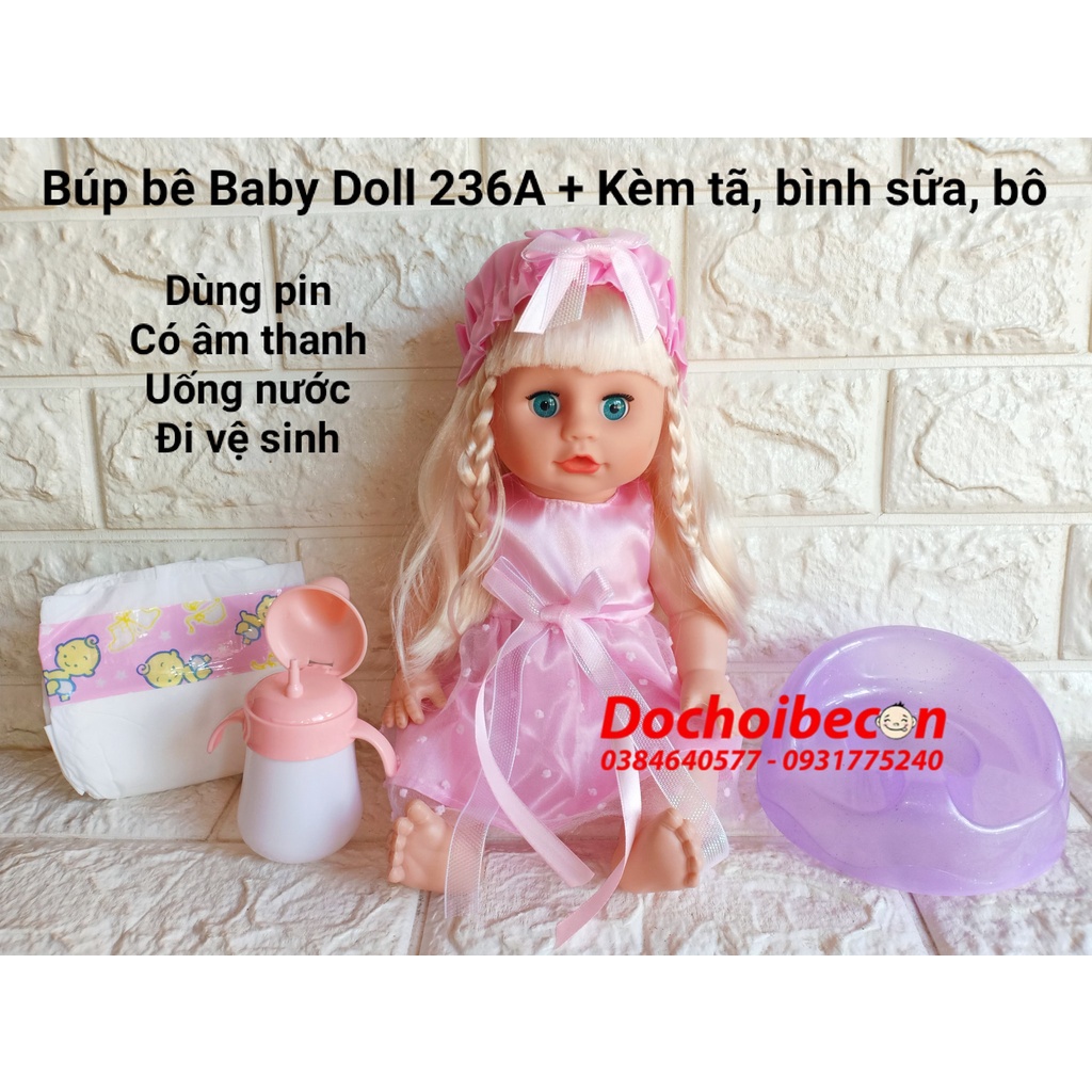 Búp bê Baby Doll bình sữa 236A: Có âm thanh cười, khóc, uống nước, đi vệ sinh, mắt nhắm mở