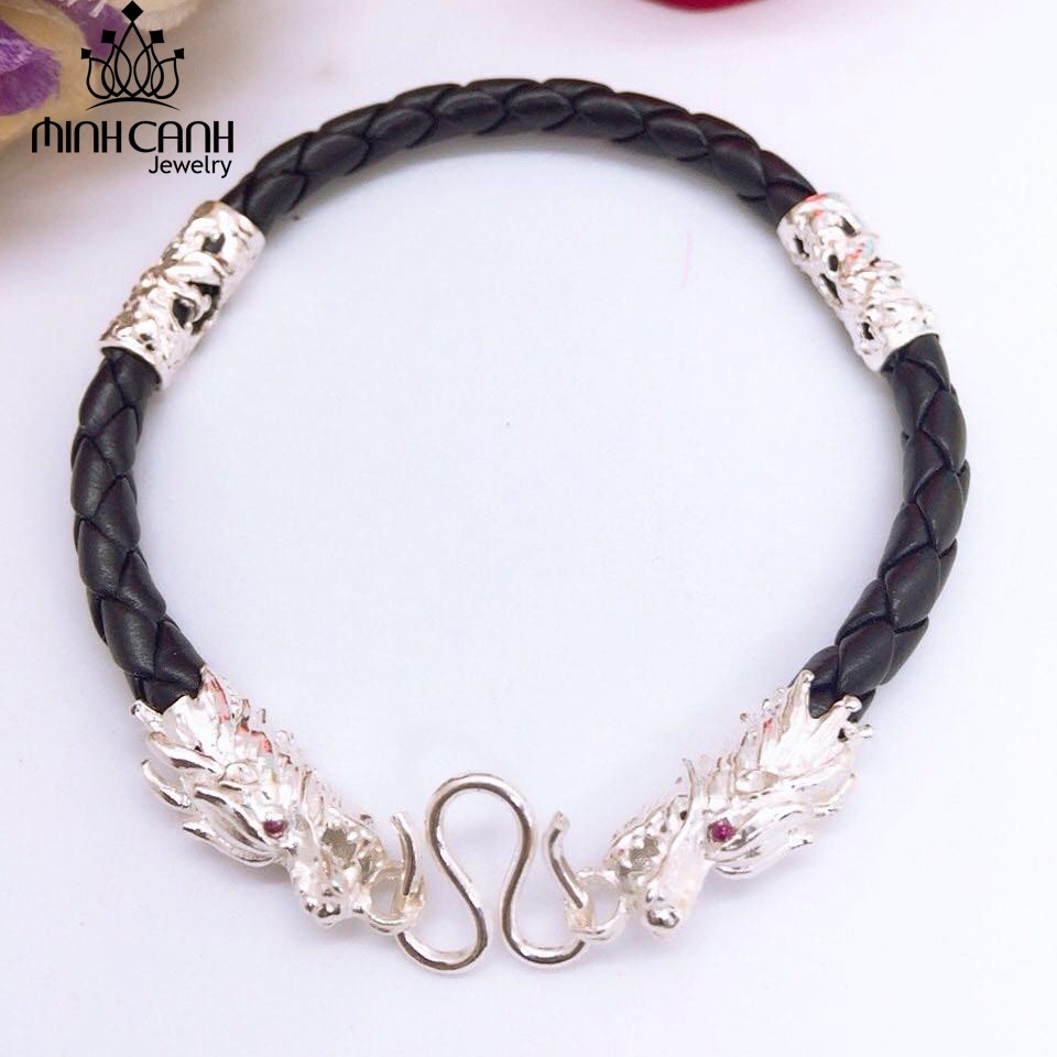 [Mã FARSBR241 giảm 15k đơn 0đ] Lắc Tay Da Bọc Bạc 4 Đốt Hình Rồng - Minh Canh Jewelry