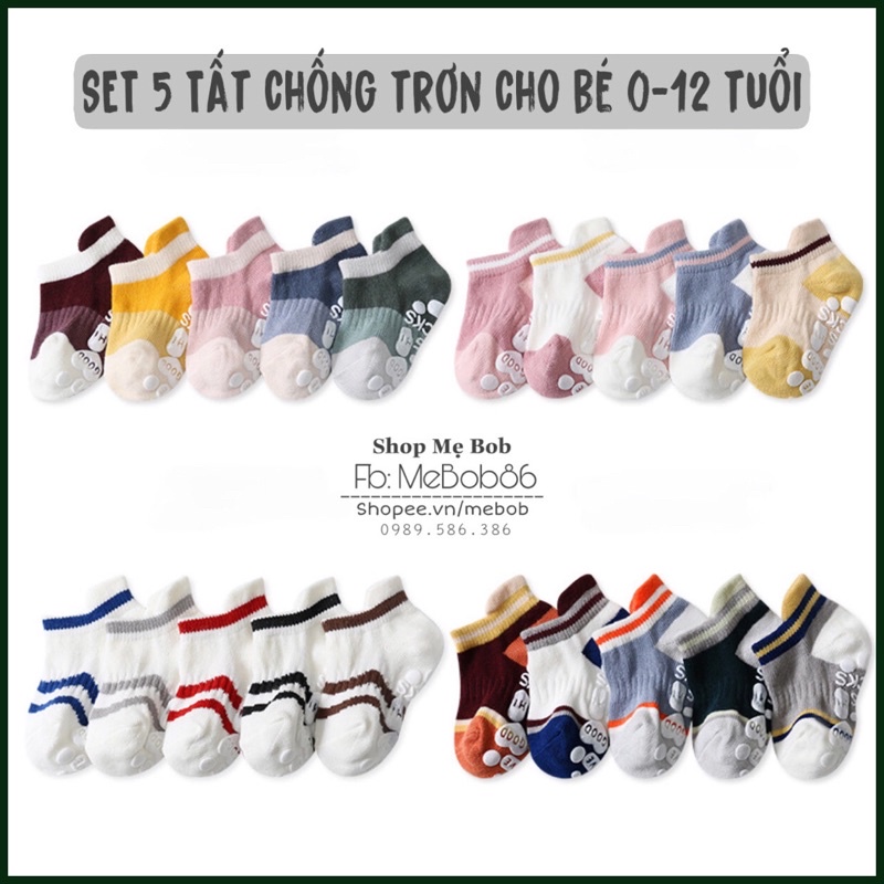 Set 5 đôi tất chống trơn cho bé từ 0-12 tuổi giữ ấm cho bé trai và bé gái