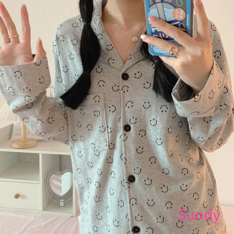 Bộ đồ ngủ dài tay họa tiết hoạt hình xinh xắn theo phong cách mùa thu