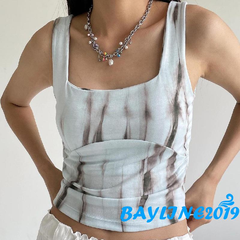 Áo Tank Top Sát Nách Cổ Vuông In Họa Tiết Mực In Phong Cách Đường Phố Thời Trang Mùa Hè Cho Nữ