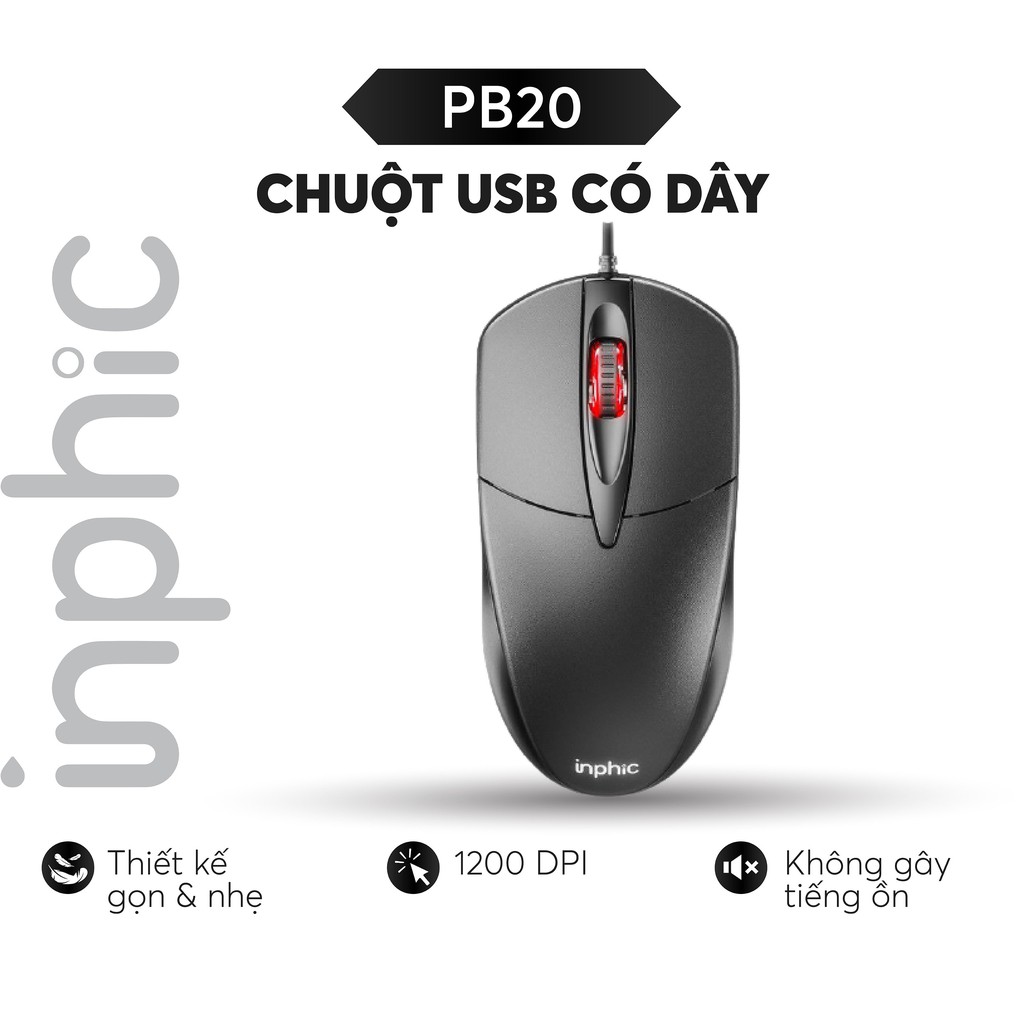 Chuột USB có dây Inphic PB20 Thiết kế tiện dụng Nút bấm cực êm, phù hợp cho văn phòng và gia đình - Chính Hãng