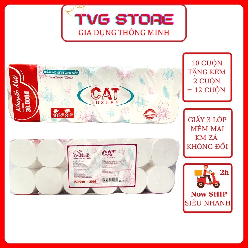 Giấy vệ sinh CAO CẤP CAT Luxyry 10 cuộn tặng 2 cuộn 1,8KG 3 lớp dai đẹp mịn