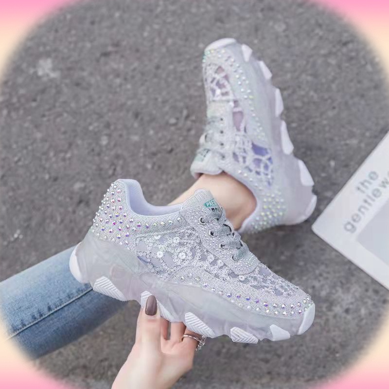 Giày Thể Thao Mùa Hè Thoáng Khí Đế Phối Đá Kim Sa Lấp Lánh Phong Cách Mới Cho Nữ