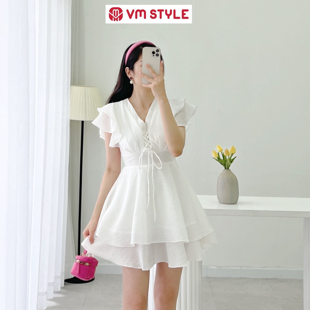 Đầm nữ ngắn VMSTYLE cánh tiên sát nách phối tầng dây đan ngực 2 lớp Y174 - 22VD05Y012301