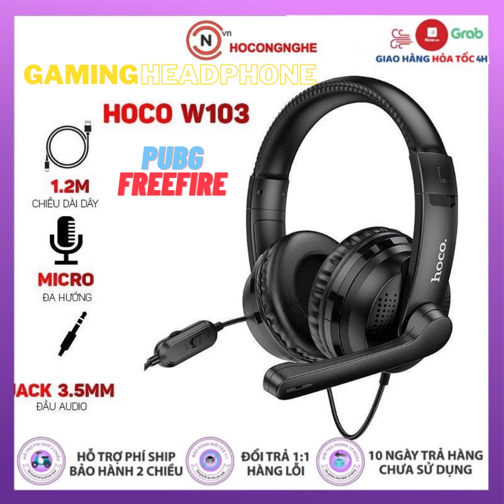 🌟CHÍNH HÃNG🌟 Tai nghe chụp tai Hoco w103 headphone gaming có mic có dây cho laptop dài 1.2m, tặng Jack chia cổng 2 in 1