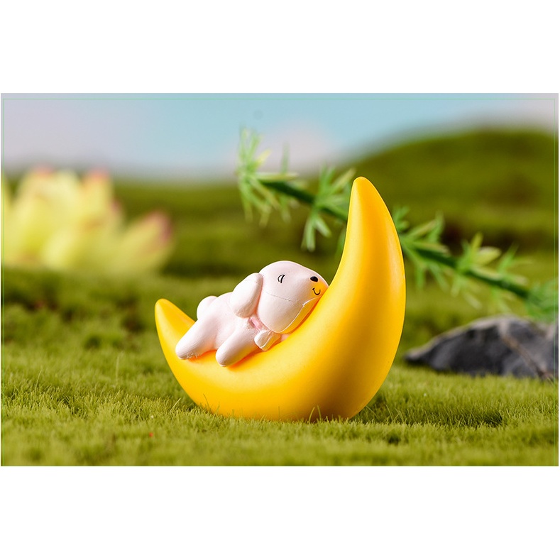 Mô hình thú ngủ mặt trăng (mèo, gấu, thỏ, chó trắng) làm móc khóa, trang trí Jibbitz, tiểu cảnh, terrarium, DIY