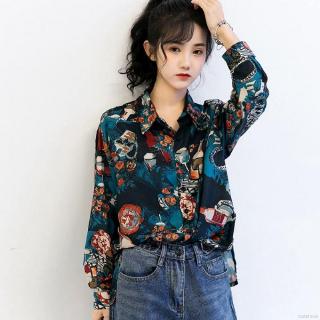 Áo sơ mi tay dài dáng rộng hoạ tiết in phong cách vintage