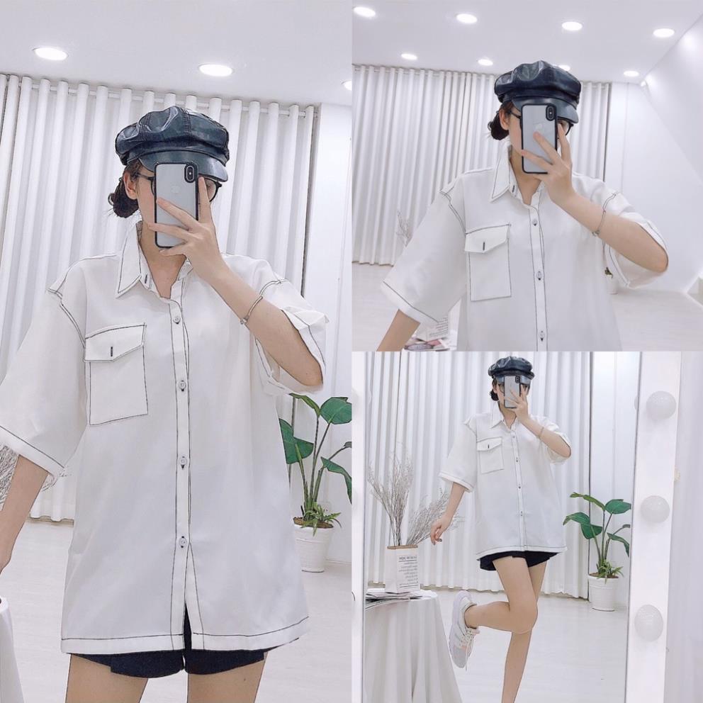 Áo Sơ Mi Nam Tay Lỡ Viền Chỉ Nổi Phong Cách Unisex 2 màu Đen Trắng !