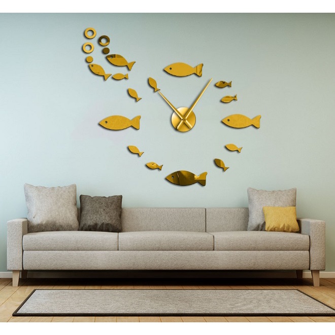(CỠ LỚN, LOẠI 1) Đồng hồ dán tường trang trí decor, mô hình bầy cá (mẫu 23)