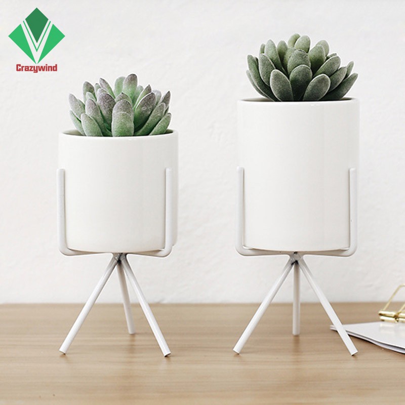 Chậu trồng cây màu trắng bằng sứ kèm chân đế bằng sắt