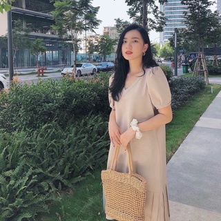 Đầm váy freesize kem cổ V 2 túi