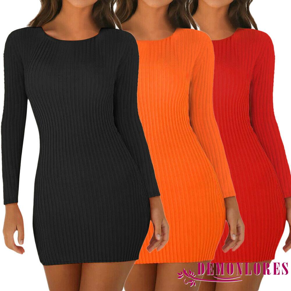 ❀DEM☞Women Ladies Long Sleeve Solid Dresses Skinny Slim Knitted Stretch Bodycon Party Evening Cocktail Short Mini Dress