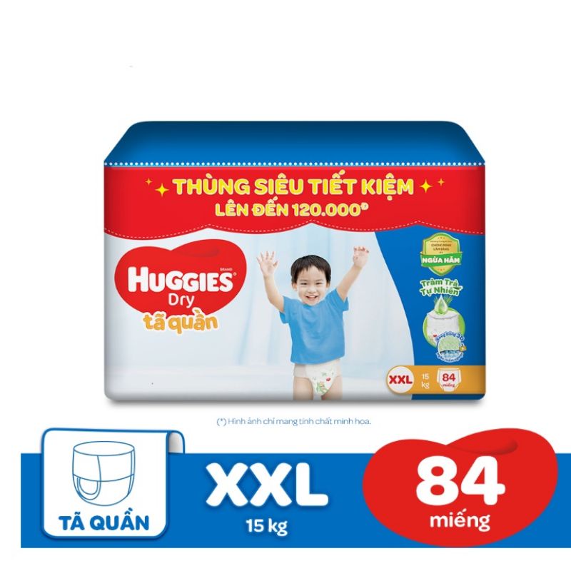 Thùng tã quần Huggies Tràm Trà Tự Nhiên Dry Pants Mega Jumbo M120+6/L108+6/XL96/XXL84 (XL32x3/XXL28x3)