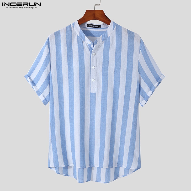 Áo sơ mi INCERUN ngắn tay họa tiết kẻ sọc đính nút 3 màu tùy chọn thời trang cho nam