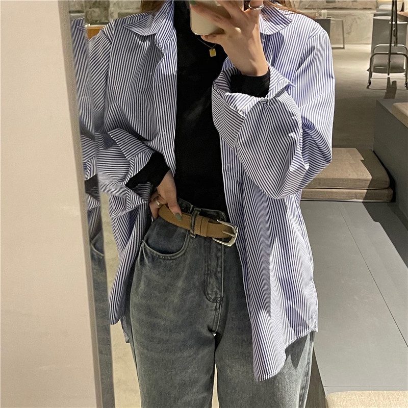 Áo Sơ Mi Tay Dài Họa Tiết Kẻ Sọc Phong Cách Retro Hàn Quốc