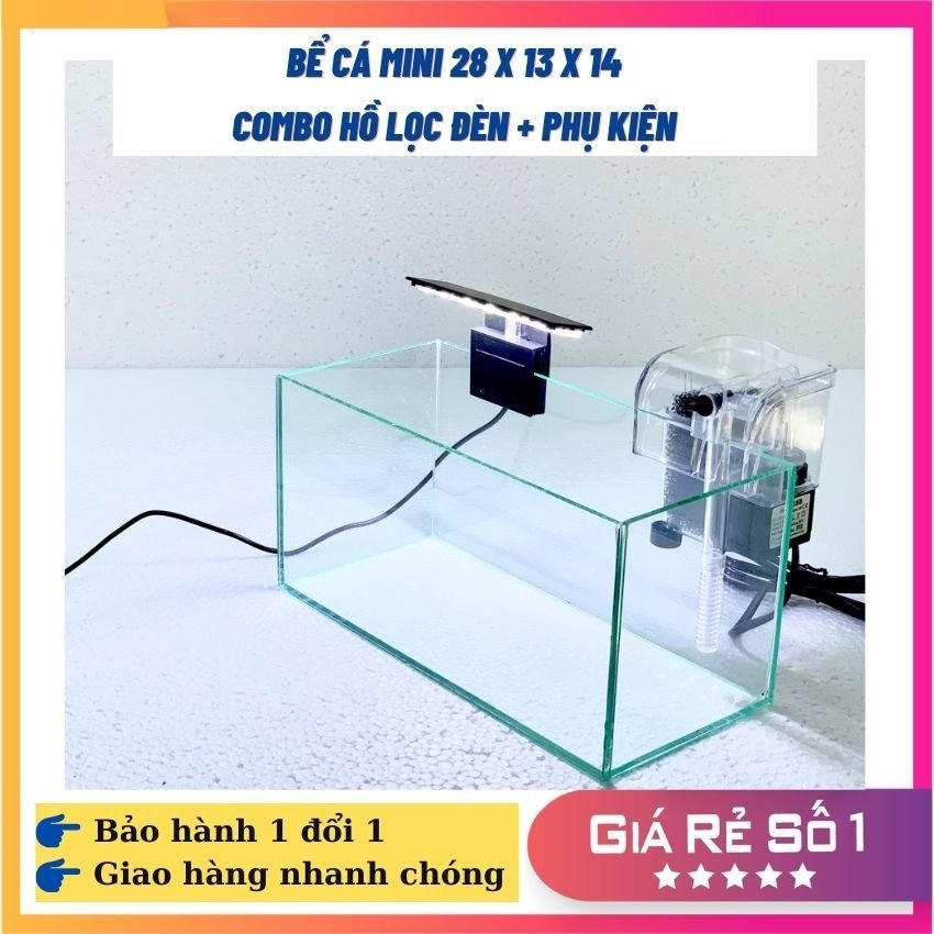 Bể cá mini COMBO ĐẦY ĐỦ, Hồ cá mini 28x13x14 đầy đủ tặng kèm phụ kiện trang trí