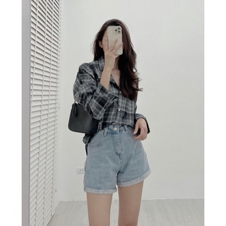 Quần short jean gập gấu lưng cao cạp lệch màu xanh nhạt size sml