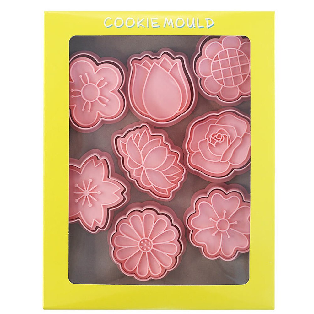 Set 8 Khuôn Nhấn Bánh Quy Bằng Nhựa Hình Hoa Hoạt Hình 3D