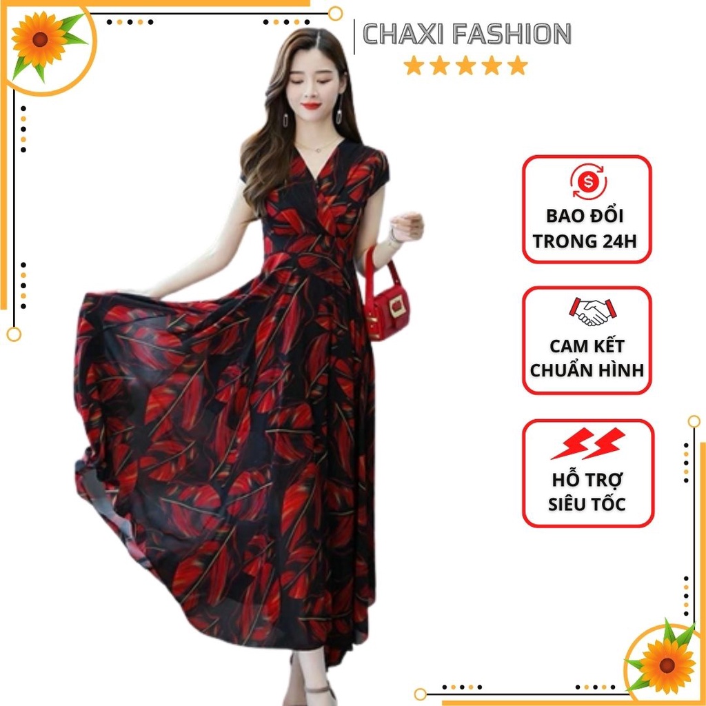 HÀNG NHẬP - ĐẦM XÒE MAXI VOAN HỌA TIẾT LÁ ĐỎ TAY CON - KBT301370