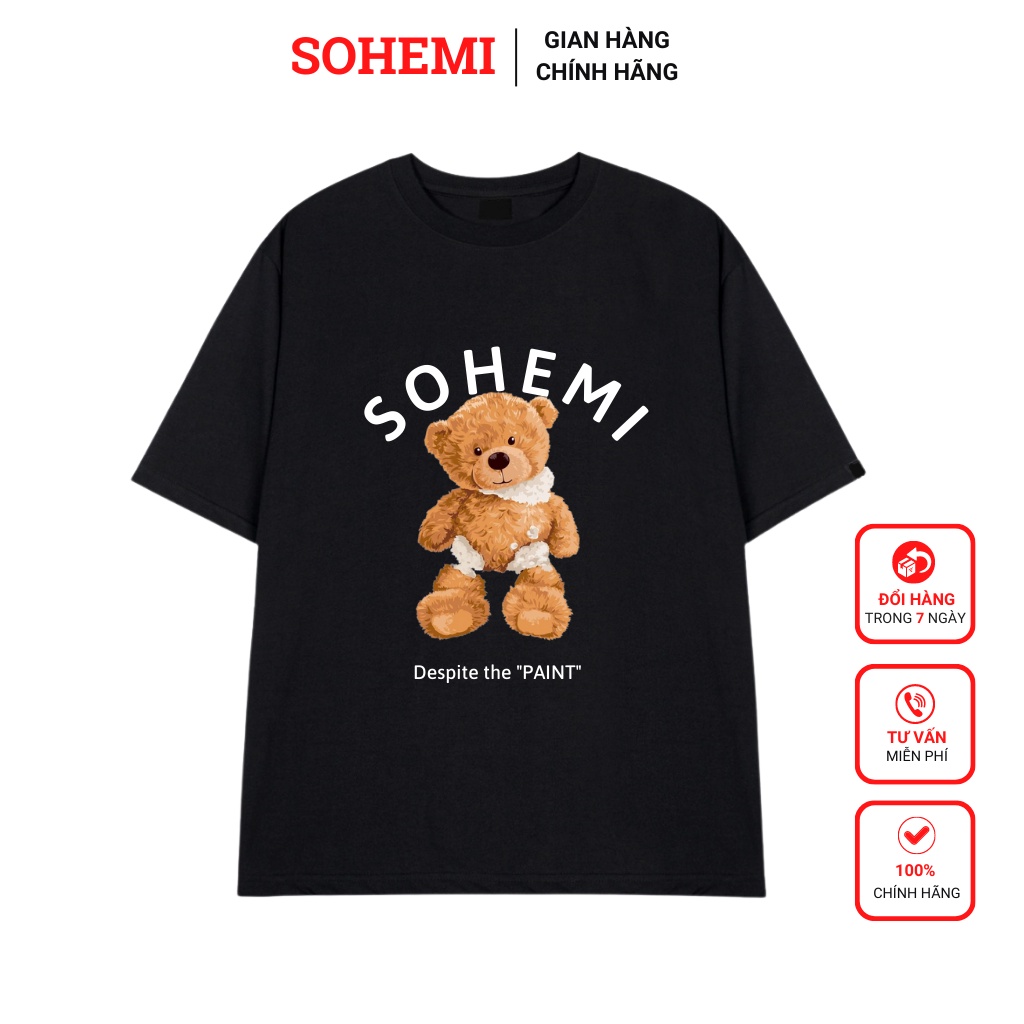 Áo thun SOHEMI form rộng tay lỡ 03 màu in hình gấu cotton 100% 4 chiều cao cấp